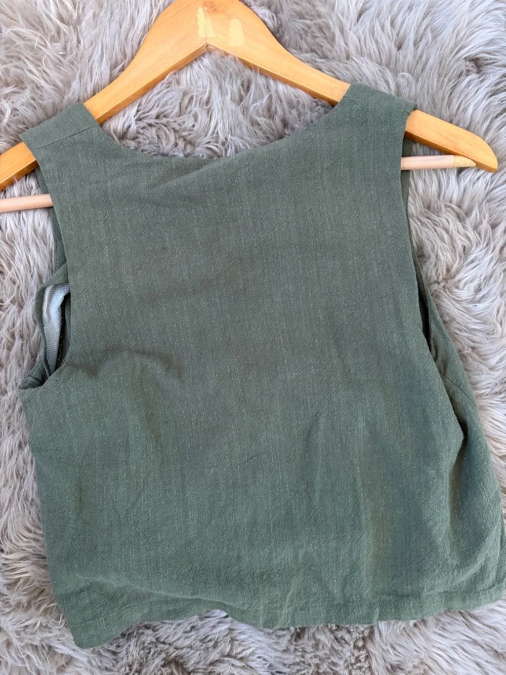 Olive Green Women's Linen Blend Short and Tank Set- Classic High-Waist Style - Picture 5 of 5